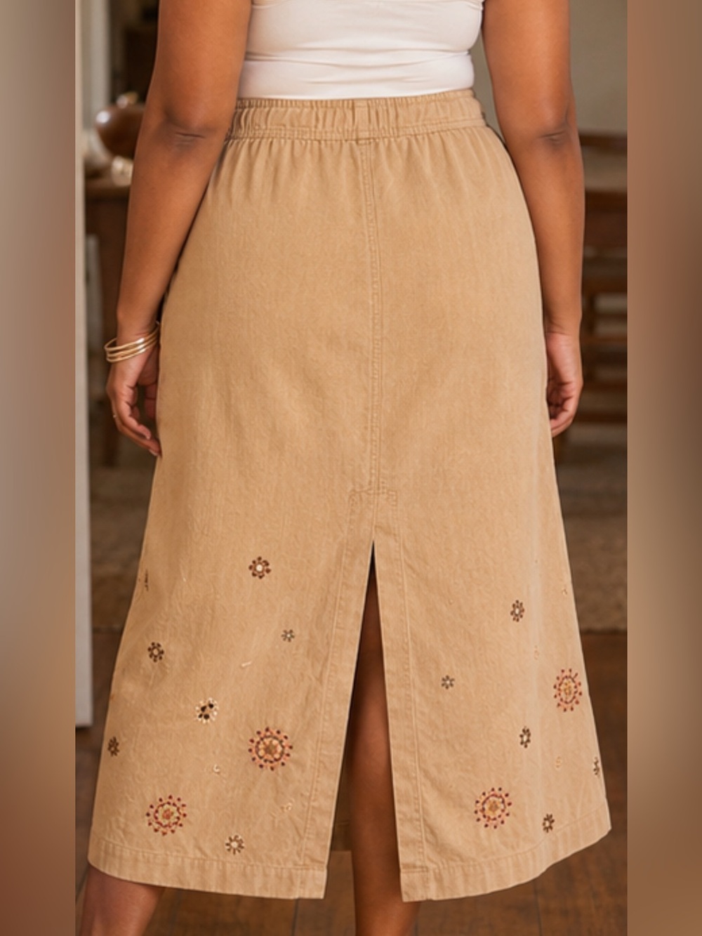 Embroidered Drawstring Maxi Skirt in Beige-Tan NWOT - Picture 5 of 5